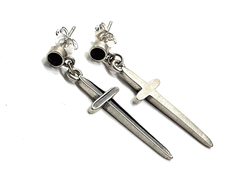 Sterling Silver Cross Dangle Earrings | Black Onyx Stud Sword Drop