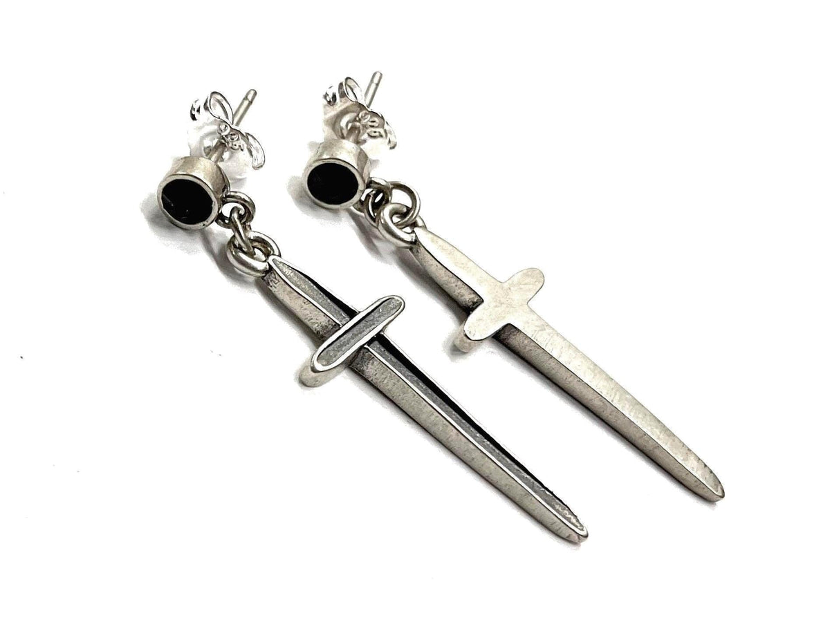 Sterling Silver Cross Dangle Earrings | Black Onyx Stud Sword Drop