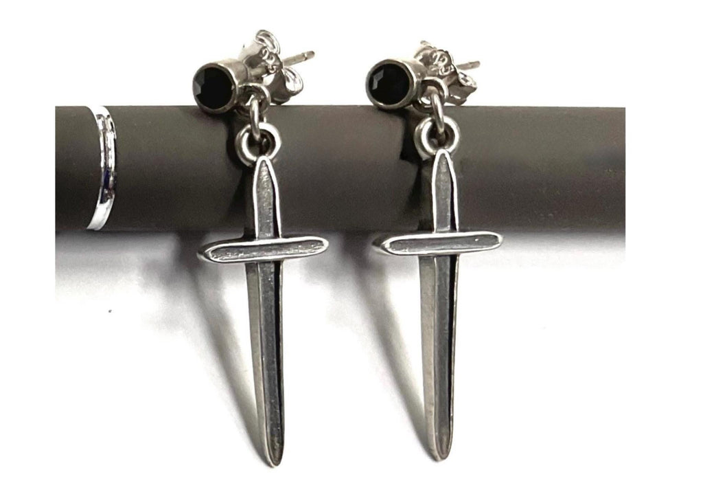 Sterling Silver Cross Dangle Earrings | Black Onyx Stud Sword Drop