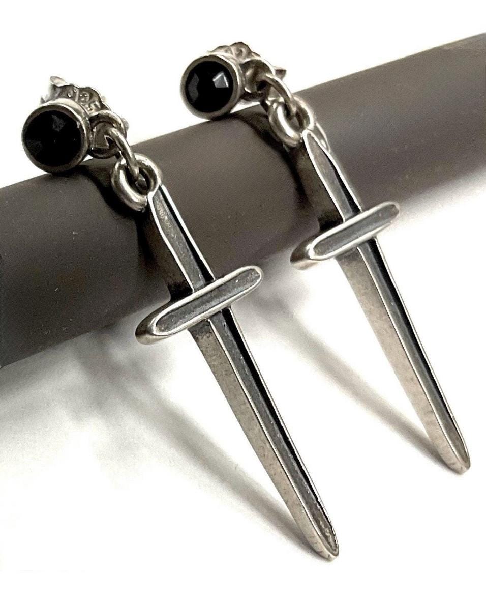 Sterling Silver Cross Dangle Earrings | Black Onyx Stud Sword Drop